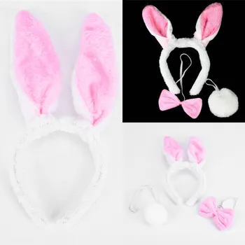

1 Set Girls Rabbit Bunny Ears Headband Tail Necktie Bath Shower Headwear Set
