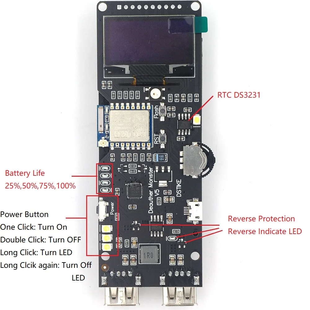 DSTIKE Wi Fi Deauther Monster V5 | Макетная плата ESP8266 18650 Защита от обратного хода Антенна Чехол