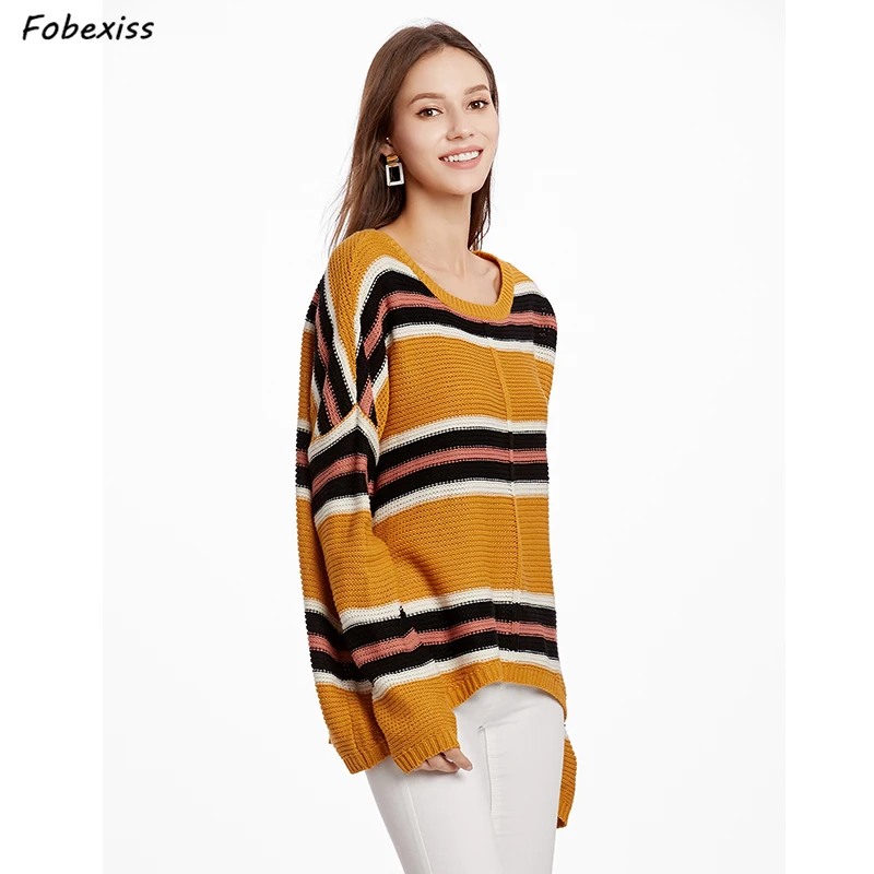 

Sweater Striped O Neck korean style Woman Jumper Loose Knitted Pullover Sweater Autumn Winter Woman Clothes 2019 Woman Pull