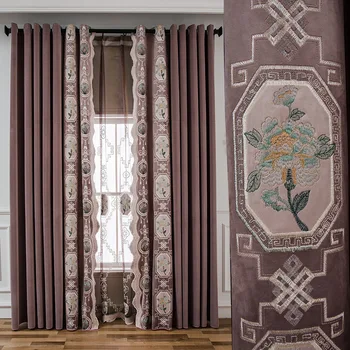 

Custom curtains Luxury European high-class embroidered flannel coffee thick velvet cloth blackout curtain tulle panel C061
