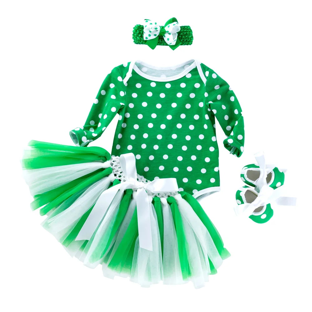 

New Pattern Princess Skirt Infant St Patrick Green Dot Long Sleeve Skirt Dress Newborn Baby Girl Clothes Infant Set Skirt