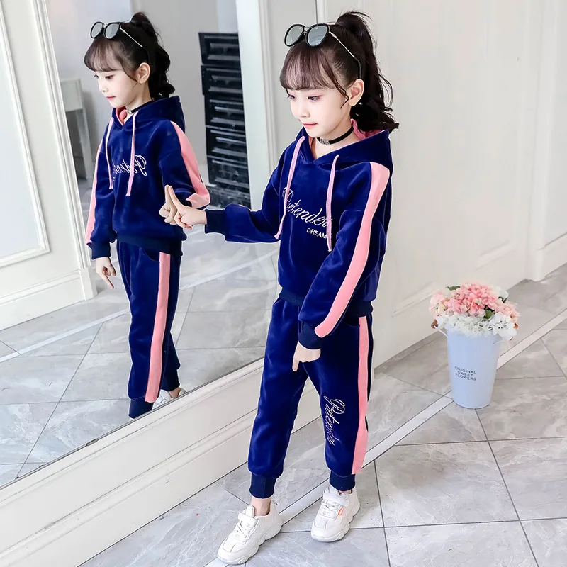 

Girls Autumn Clothing Set 2019 New Style chun qiu wang Red Children Gold Velvet Sports Hoodie Two-Piece Set Western Style Fashio