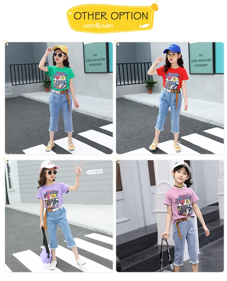 Korean Clothes Kids Denim Jeans Girls Cartoon T-Shirt Summer Fashion Wear Girls Denim Pants Jeans Clothing Casual Set For Kids