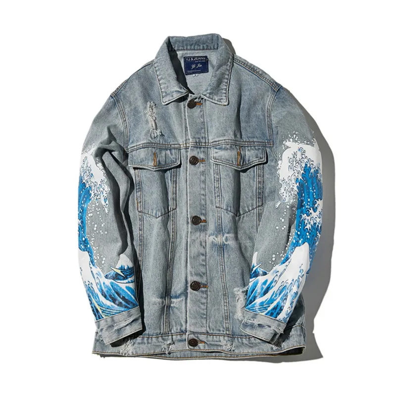 KIMSERE модные рваные джинсы с принтом куртки с рисунками для мужчин марка NEW Fashion Hi Street Проблемные окрашенные джинсовая куртка верхняя одежда