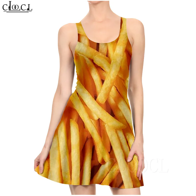 Slim Dress Women Fashion Party Dresses 3D Printed French Fries Pattern Sexy Girl Beach Pleated Summer Beach Dresses robe femme (3)