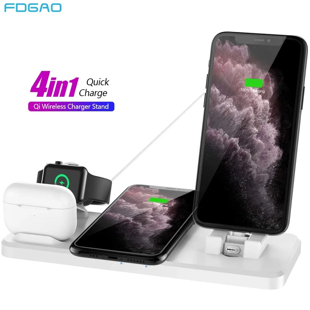 Быстрая Беспроводная зарядная док станция Qi для iPhone 11 XR XS X 8 15 Вт 4 в 1 Apple Watch 2 3 5 AirPods