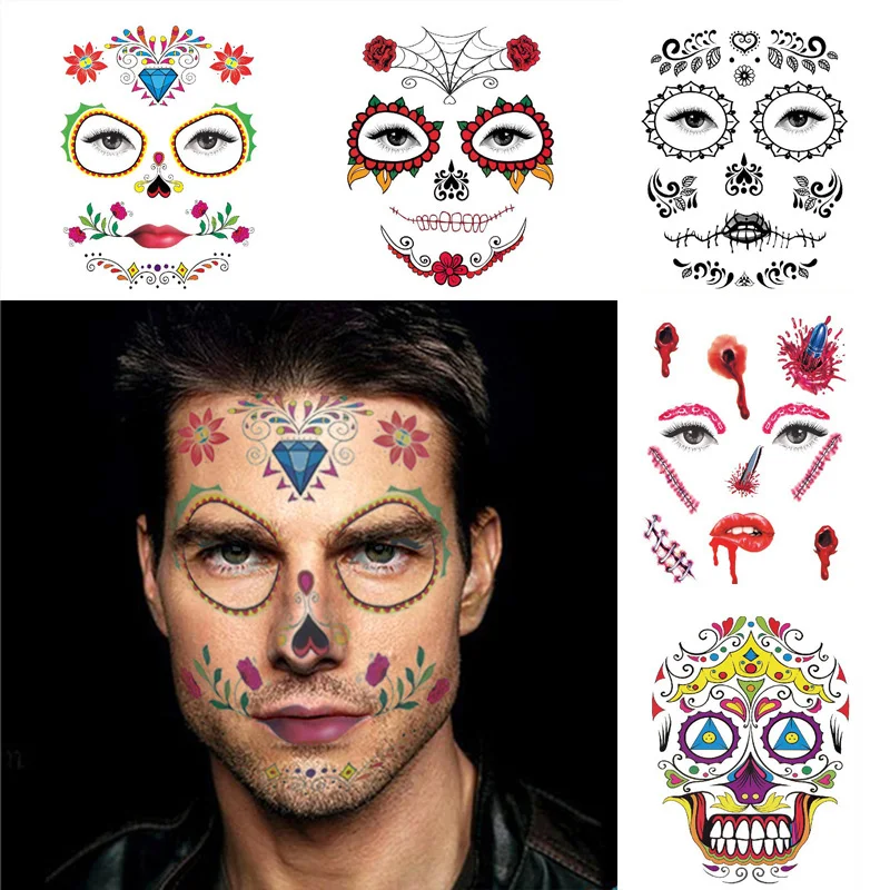 New Tattoo Decal Halloween Mask Sticker Temporary Face Art Waterproof Masks Skull Tattoo Beauty Stickers Decor Supplies