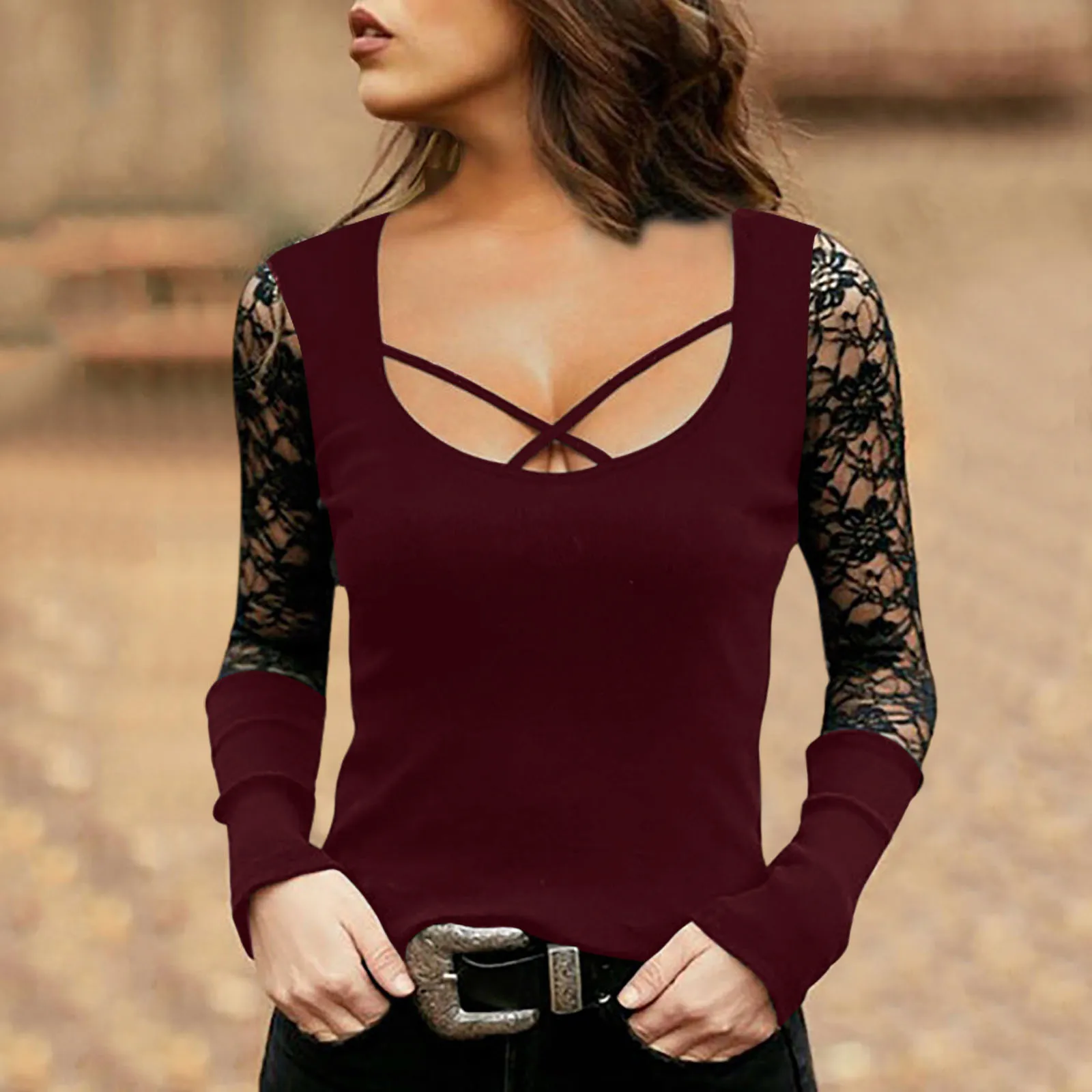 Blouse Mesh Female-tops Long-sleese 2021women's Fashion Round Neck Cross The Chest Casual Tops Lace Blouse Женское Платье 2