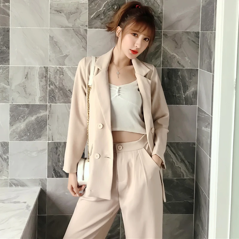 

Work Pant Suits OL 2 Piece Set for Women Business interview suit set uniform smile Blazer and Wide leg Pant Office Lady suit