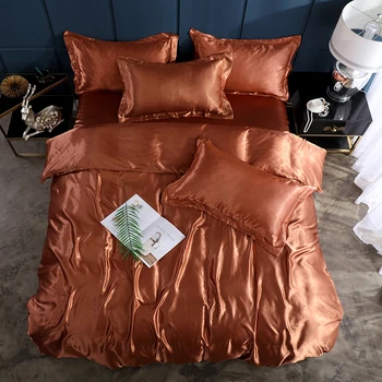 

BrownDuvet Cover Pillowcase 3pcs Bedding Set RU Size EU Size Sets Single Size King Double Size Satin Silk Luxury Bedding Sets