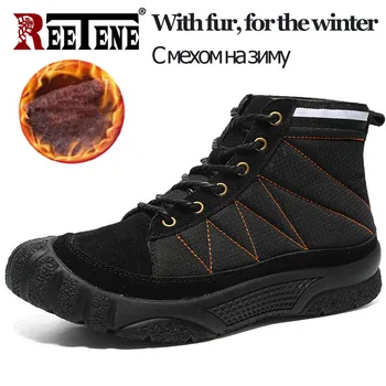 

REETENE Winter Warm Men Snow Boots Cow Leather Man Ankle Boots Plush Basic Boots For Men Outdoor Hiking Male Sneakers Plus 38-46