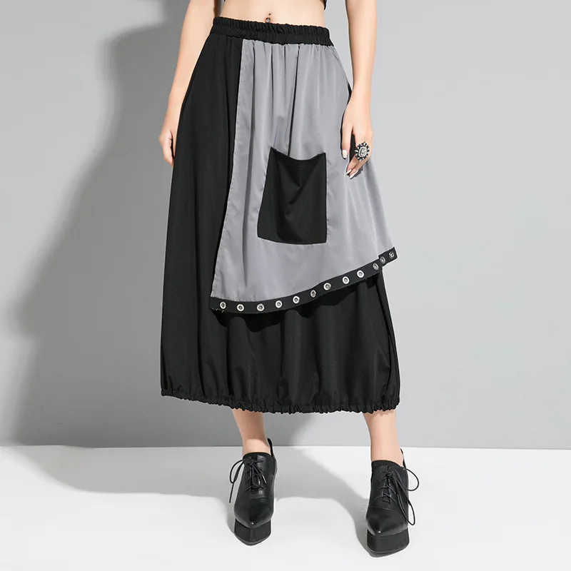 

2020 Color Patchwork Skirts For Women Elastic Waist Split Solid Color Skirt Button Decoration Irregular Skirt Female Free Size