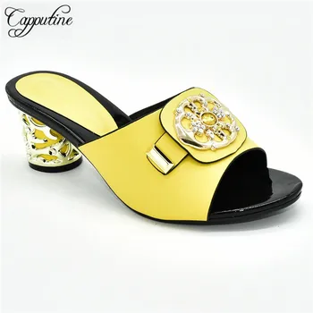

Beautiful yellow African slipper shoes for wedding/party 88-7, heel height 7cm