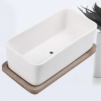 

1Pc Ceramic Oblong Flower Pot with Bamboo Tray Succulent Planter Garden Bonsai Pot Flowerpot 17x8.5x5.7 cm