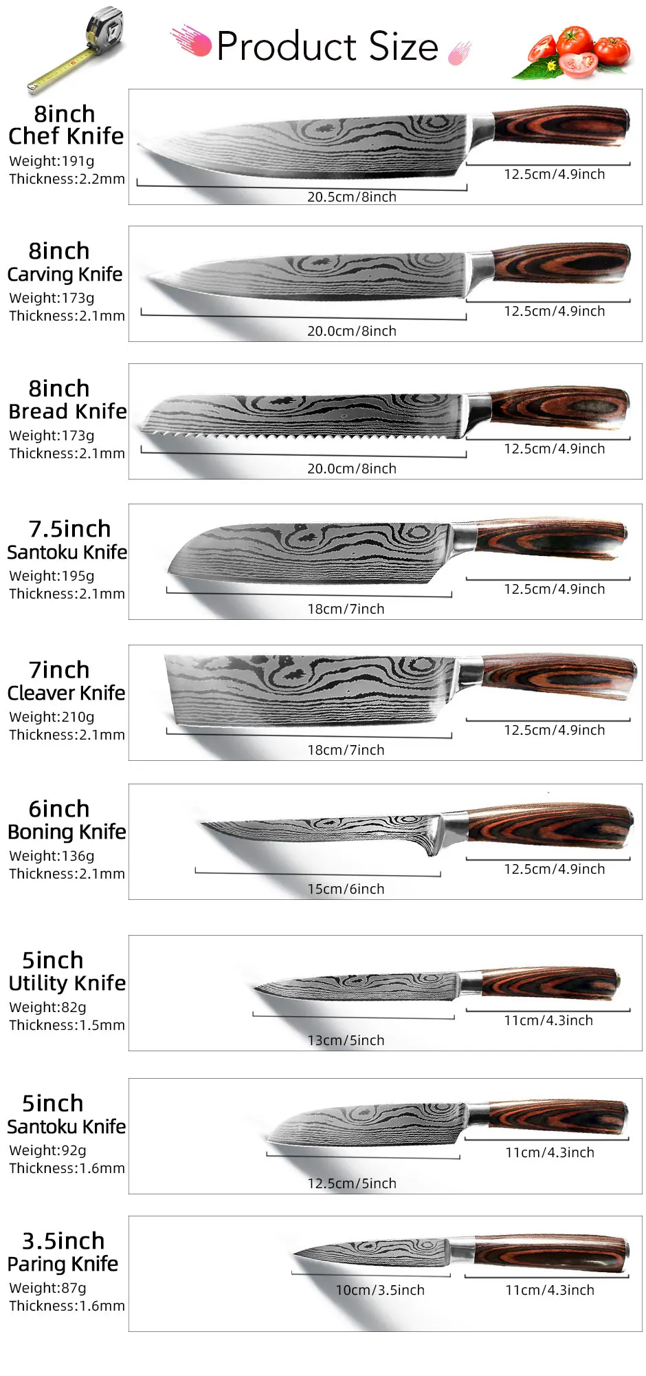 Kitchen Knife 8inch Chef Knives 7CR17 440C High Carbon Stainless Steel Damascus Drawing Utility Slicing Santoku Japanese Cleaver
