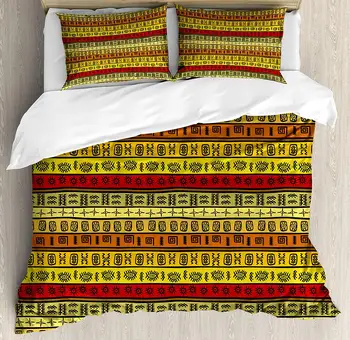 

African Duvet Cover Set Hand Drawn Pattern Abstract Geometric Striped Illustration Decorative 3 Piece Bedding Set with 2 Pillow