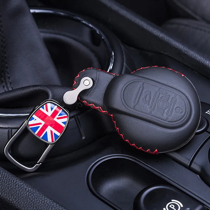 Кожаный чехол для ключей, автомобильный брелок для BMW MINI COOPER S ONE JCW F54 F55 F56 F57 F60 CLUBMAN COUNTRYMAN, аксессуары для стайлинга автомобилей - Название цвета: Black red-flag
