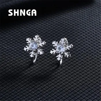 

Boutique Classic 925 Sterling Silver Fine Jewelry Rhinestones Snowflake Flowers Earrings For Women Ear Clip Brincos BE043