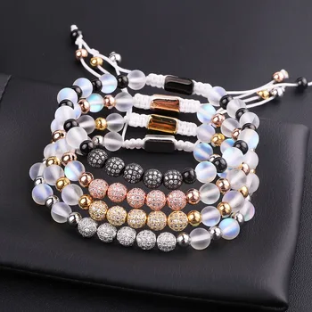 JARAVVI New Design Luxury CZ Pave Ball AB Color Flash Glass Moonstone Stainless Steel Metal Beads Macrame Bracelet Women