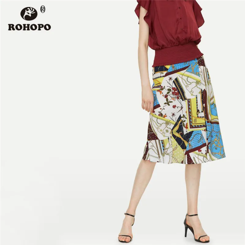 

ROHOPO High Waist Autumn Floral Midi Skirt Split Flared Hem Female Elegant Chain Printed Retro Mid Calf Falda #2324