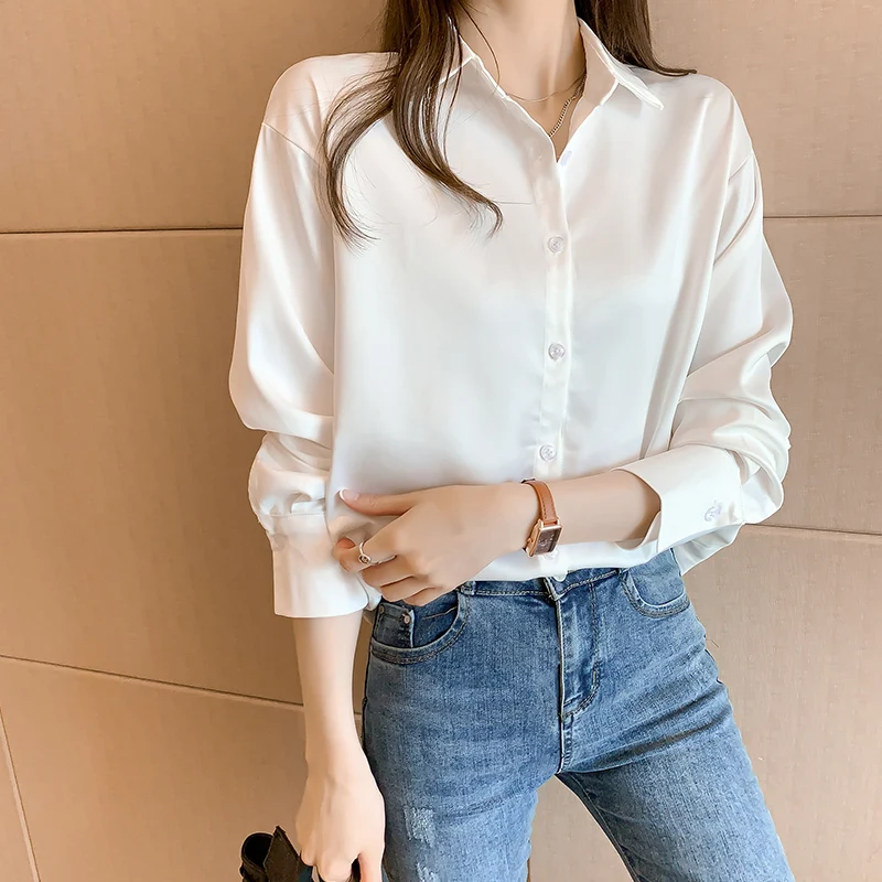 Camisa blanca de larga para mujer, blusa holgada de seda satinada con botones, Vintage, 819F _ - AliExpress Mobile