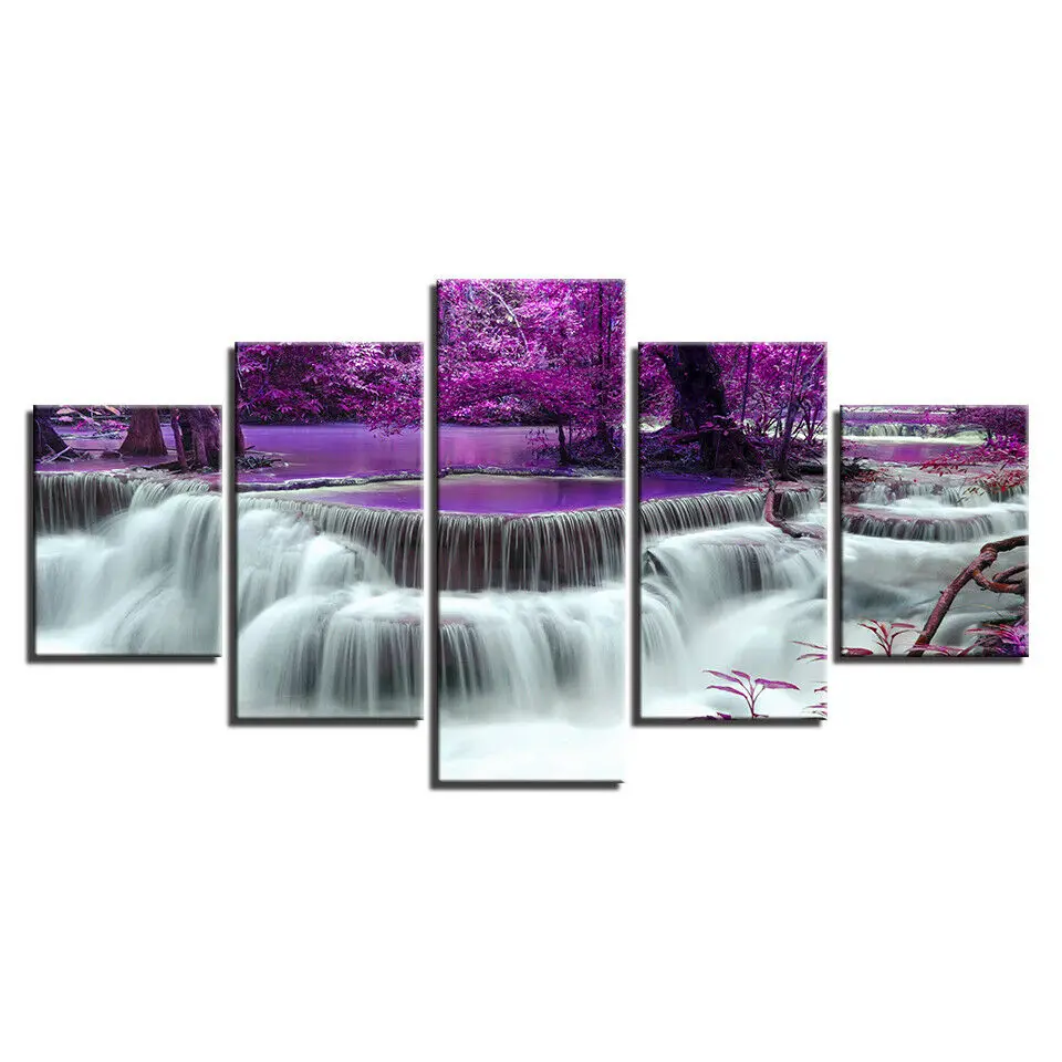 

Waterfall in Purple Forest 5 Panel Canvas Picture Print Wall Art Canvas Painting Wall Decor for Living Room Poster No Framed
