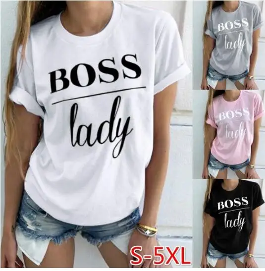 Женская футболка, футболка, femme Boss Lady, с буквенным принтом, harajuku, круглый воротник и короткий рукав, летняя мода, haut femme
