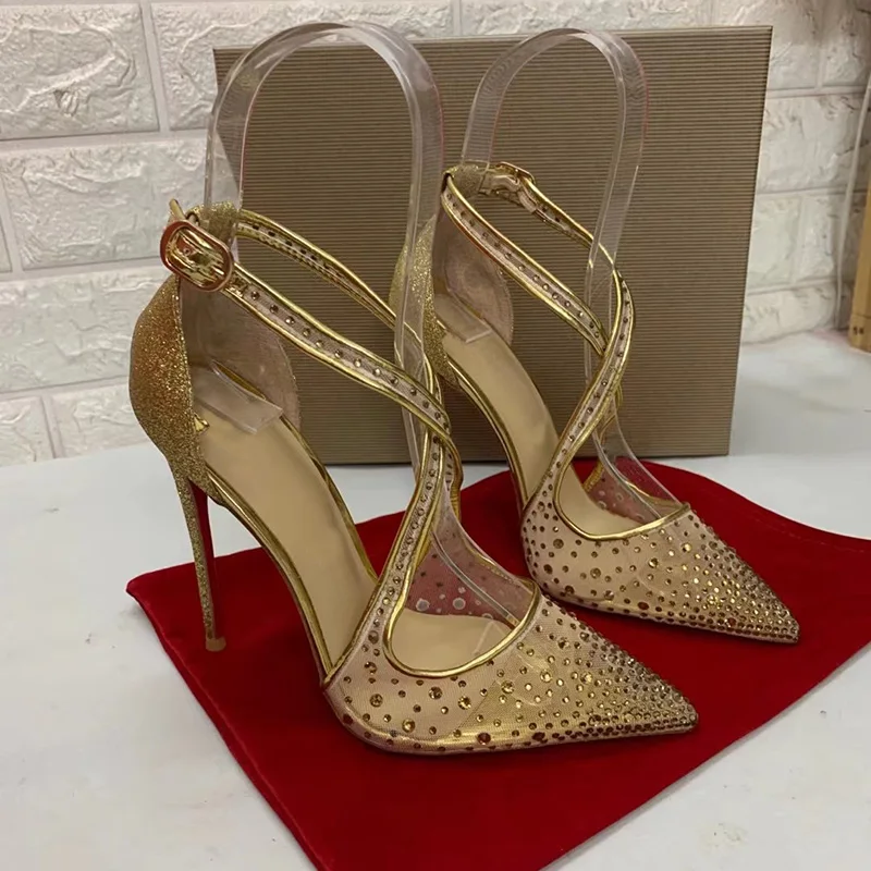 Customize Color Size 34-45 X-Cross Crystal Air Mesh Fabric Covered High Heels Women Sandals Shoes