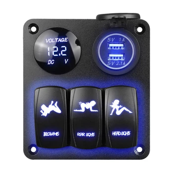 

3 Gang Funny Rocker Girl Digital Voltmeter Display Dual USB Charger Port DC 12V Socket On/Off Switch Panel for Marine Boat Car