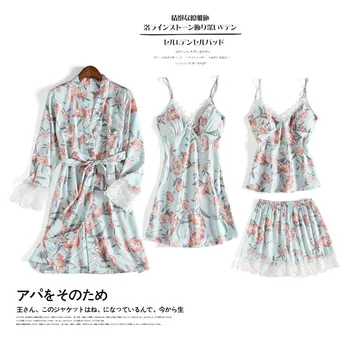 

Pajamas 4-piece Summer Sleepwear With Chest Cushion Flower Pattern Women's Suspender Shorts Suit Long Sleeve Nightgown