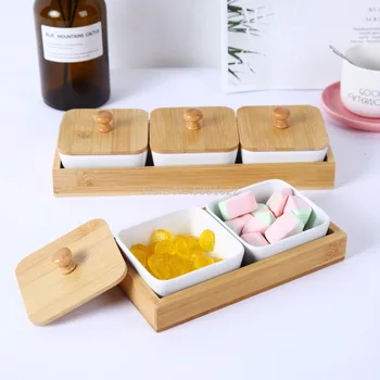 

Ceramic Bamboo Storage Tray With Lid Dry Fruit Dessert Dish Japanese Removable Multi Grid Plate Candy Dried Snack Dessert Tray