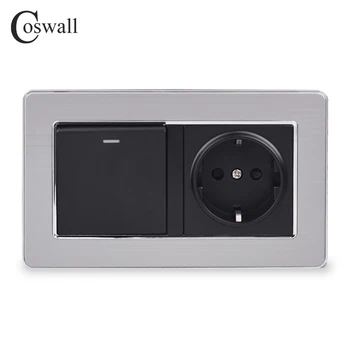 

Coswall 16A EU Standard Wall Power Socket Outlet With 1 Gang 1 Way On / Off Light Switch Stainless Steel Panel 146mm*86mm