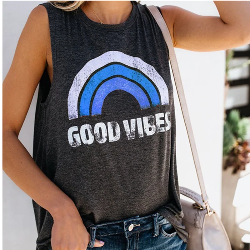 Женский Повседневный жилет с круглым вырезом и надписью «GOOD VIBES», эстетическая одежда для женщин, популярная безрукавка в стиле Харадзюку