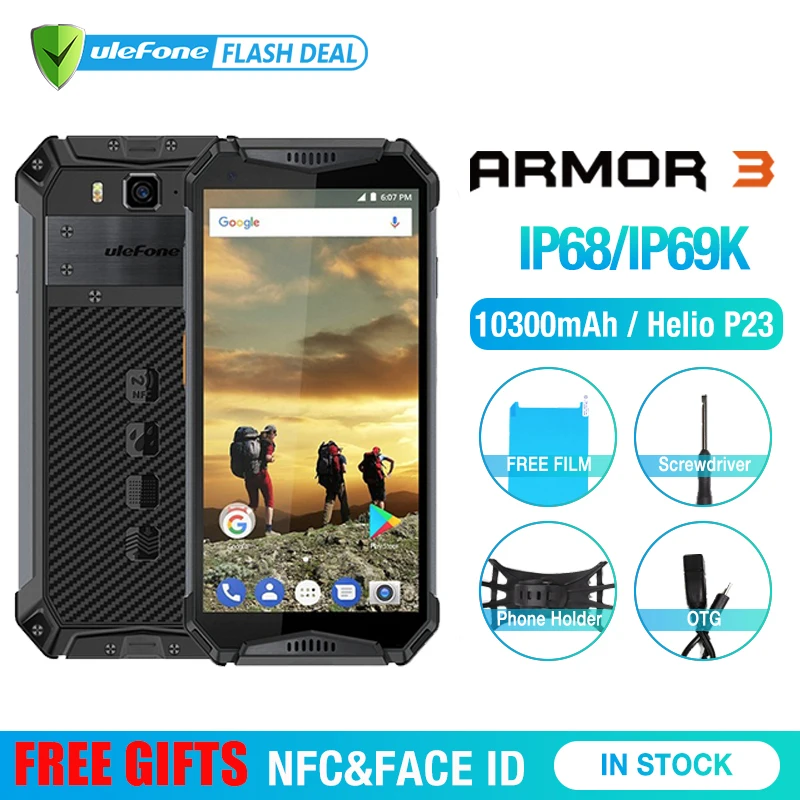 Ulefone Armor 3 телефон смартфон телефоны смартфоны IP68 Водонепроницаемый мобильный телефон Android8.1 5,7 "FHD + Octa Core 4 GB + 64 GB NFC 21MP 10300 mAh Глобальный Версия