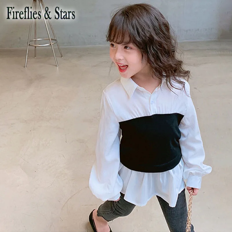 Spring Autumn Girls Blouse Baby Shirt Kids Fashion White Tops Children Streetwear Black Elastic
