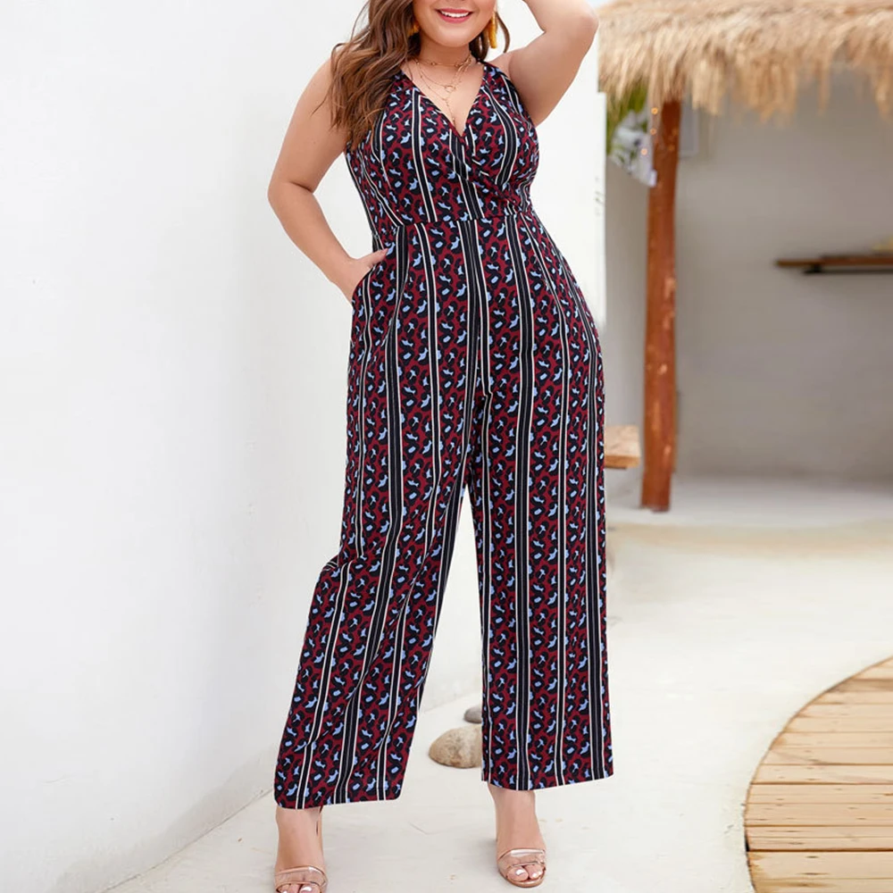 

Woman Plus Size Spaghetti Strap Jumpsuit Big Size Sexy V-neck Sleeveless Backless Playsuit 2019 Summer Fashion Wide Leg Clothing