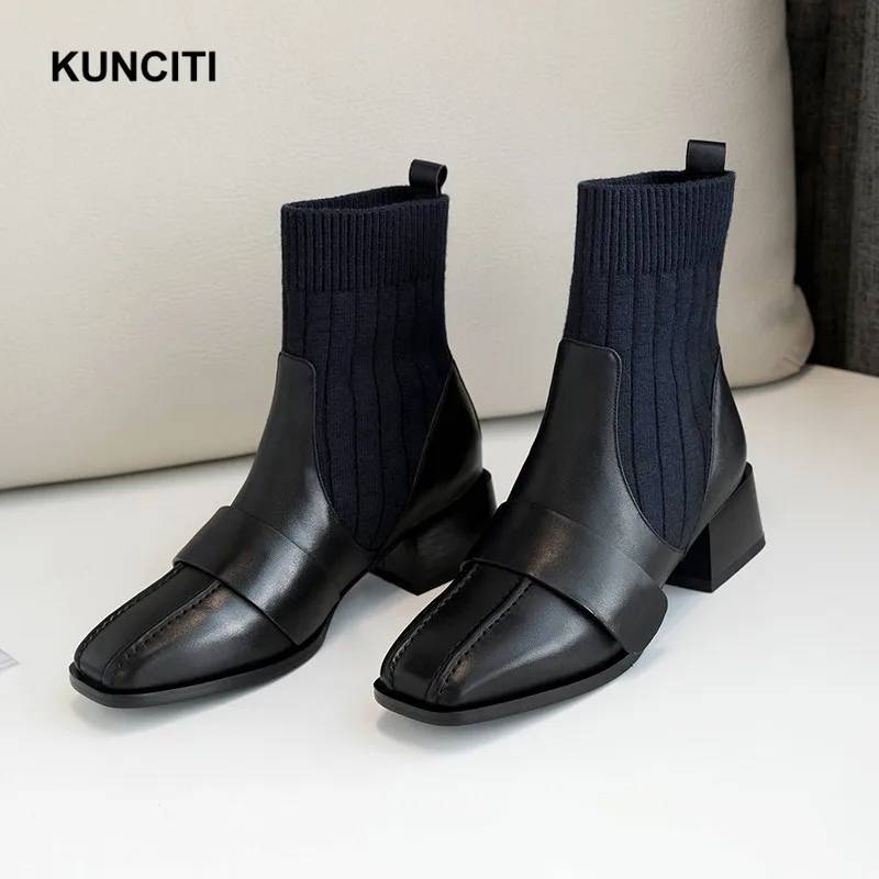 KUNCITI/ элегантные женские сапоги-носки; женская обувь; сезон осень; винтажные растягивающиеся сапоги с квадратным носком; новая модная обувь; женские сапоги; D966