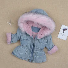 Зимняя джинсовая куртка для девочек; детская хлопковая верхняя одежда с капюшоном; Детские теплые модные парки из плотного бархата с меховым воротником; пальто; От 1 до 6 лет