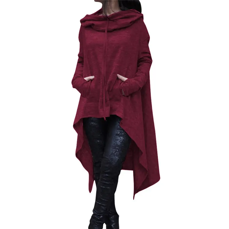 WINERED Женские толстовки осень вера повседневные Свободные Твердые Нерегулярные плащ пуловеры модный карман шнурок вельвет женский свитер - Цвет: WINERED