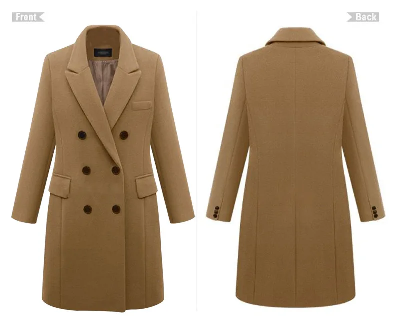 M-5XL женские пальто из смесовой ткани, Офисная Женская двубортная куртка с карманами, однотонная зимняя женская верхняя одежда большого размера, винный, верблюжий, серый