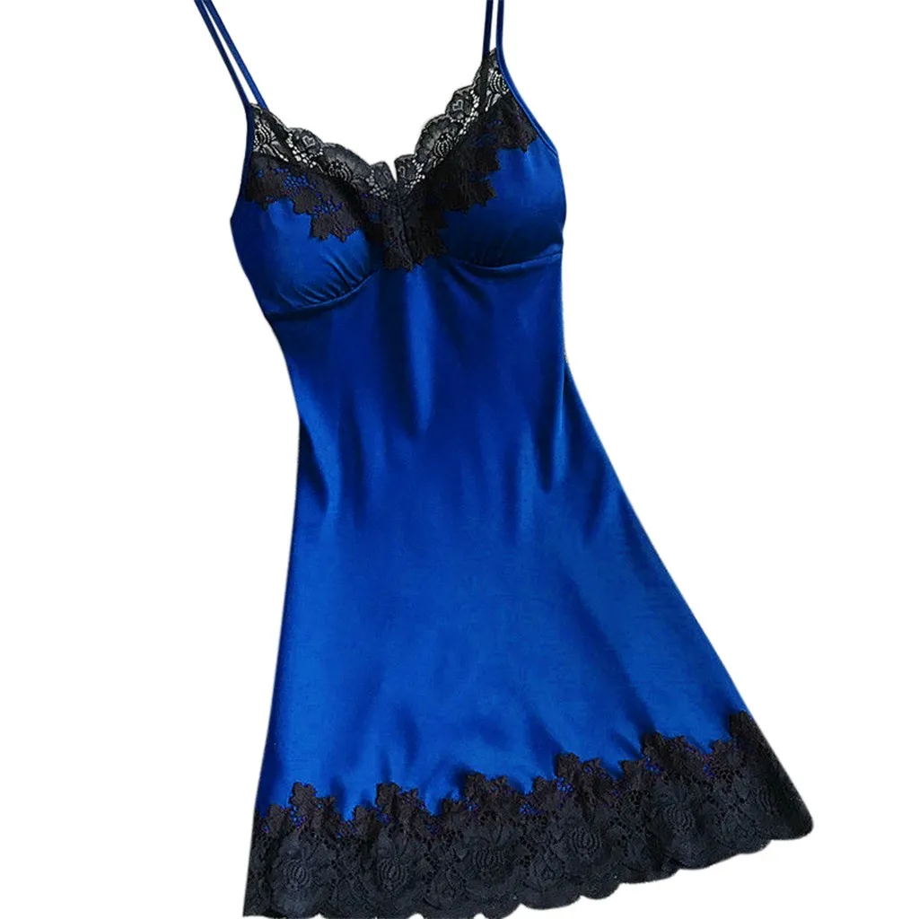 Женское сексуальное нижнее белье с v-образным вырезом, кружевная ночная рубашка на бретельках, женская ночная рубашка на бретельках, соблазнительная ночная сорочка, шелковое Ночное платье a30 - Цвет: Синий
