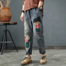Весна Осень стиль искусства Женские джинсы с эластичной талией хлопковые джинсовые шаровары винтажная вышивка свободные рваные джинсы D463