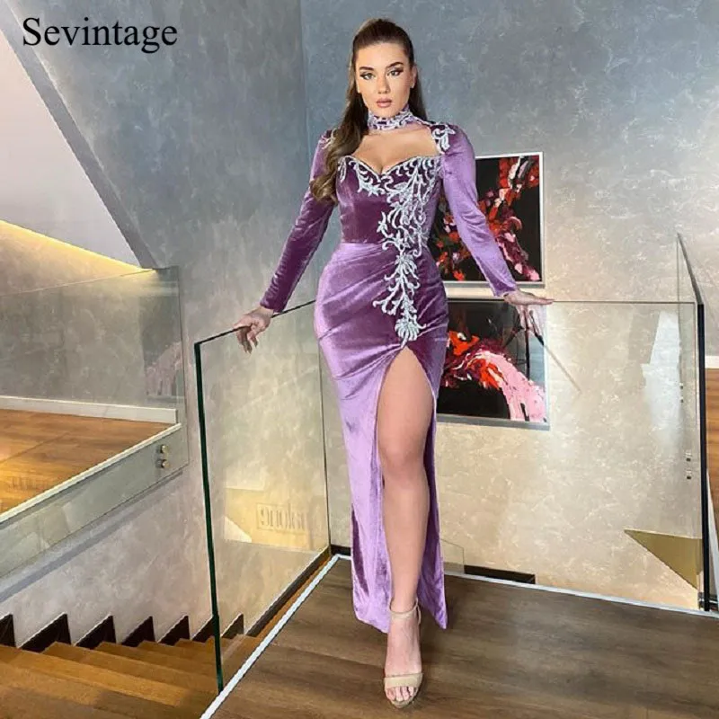 

Sevintage Long Sleeves Velvet Mermaid Evening Dress High Neck Lace Appliques Slit Side Women Formal Prom Gowns Vestidos De Gala