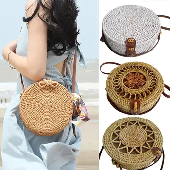 

Vintage Handmade Women Rattan Bag Woven Bow Shoulder Bags Beach Straw Bag Messengers Handbag Multi-purpose Makeup Organizer