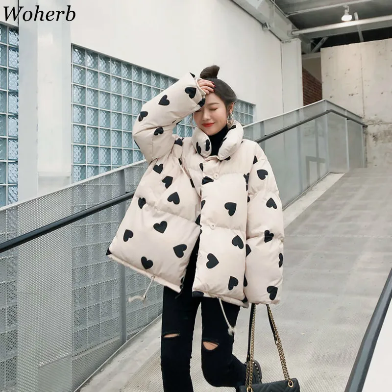 Woherb, Женское пальто, большие размеры, Harajuku, парки, с принтом в виде сердца, Повседневная теплая куртка, Корейская зимняя одежда, радужная пушистая парка