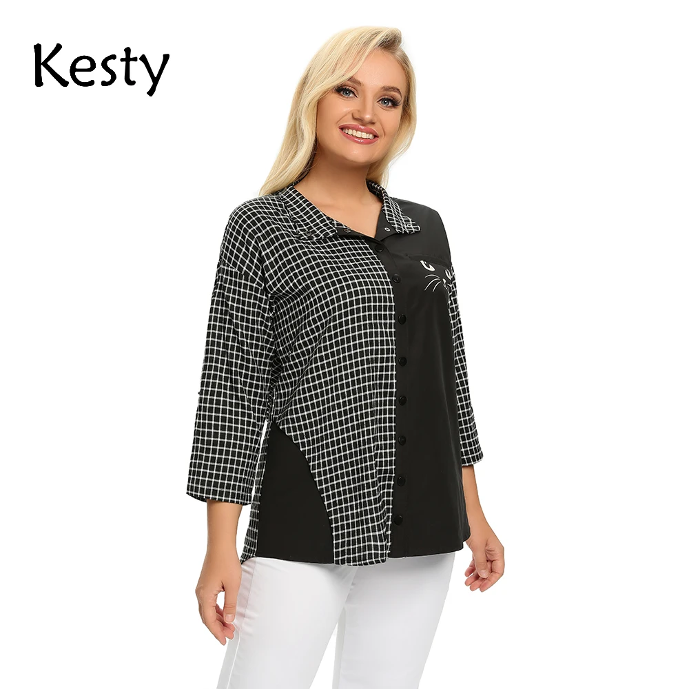 KESTY Women's Plus Size Spring Cotton Plaid Shirt Printed Cat Pattern Lapel 3/4 Sleeve Casual Top