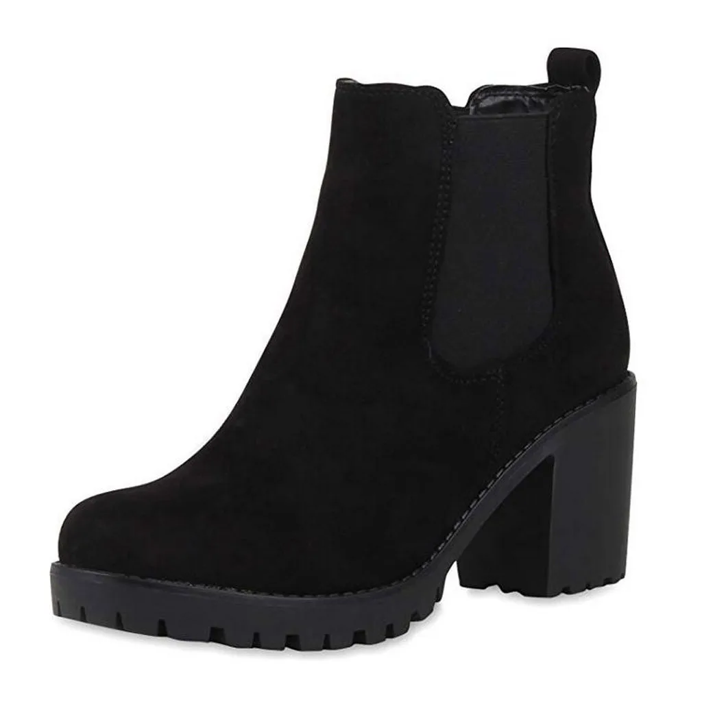 Botines con tacos cuadrados para mujer, calzado sin cordones, bota de punta redonda corta, Color sólido, D25