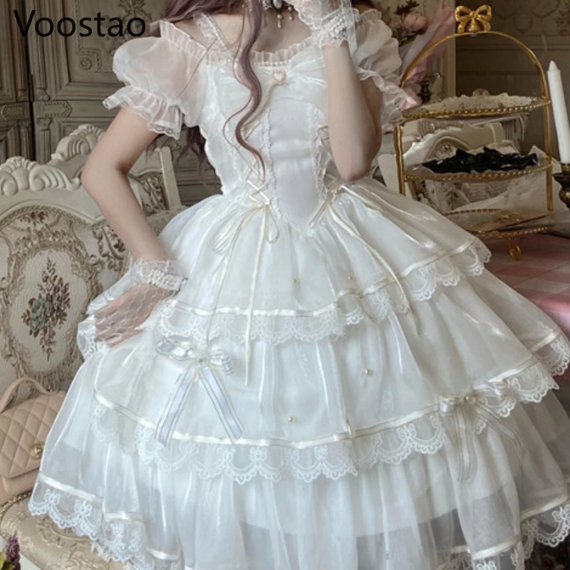Sweet Lolita Princess Dress Women Cute White Bowknot Lace Ruffles Flowers Wedding Dresses Girly Kawaii Tulle Party Fairy Dress Lolita Dress Lolita Suspender Dress Lolita Cosplay Costumes Suspender Dress
