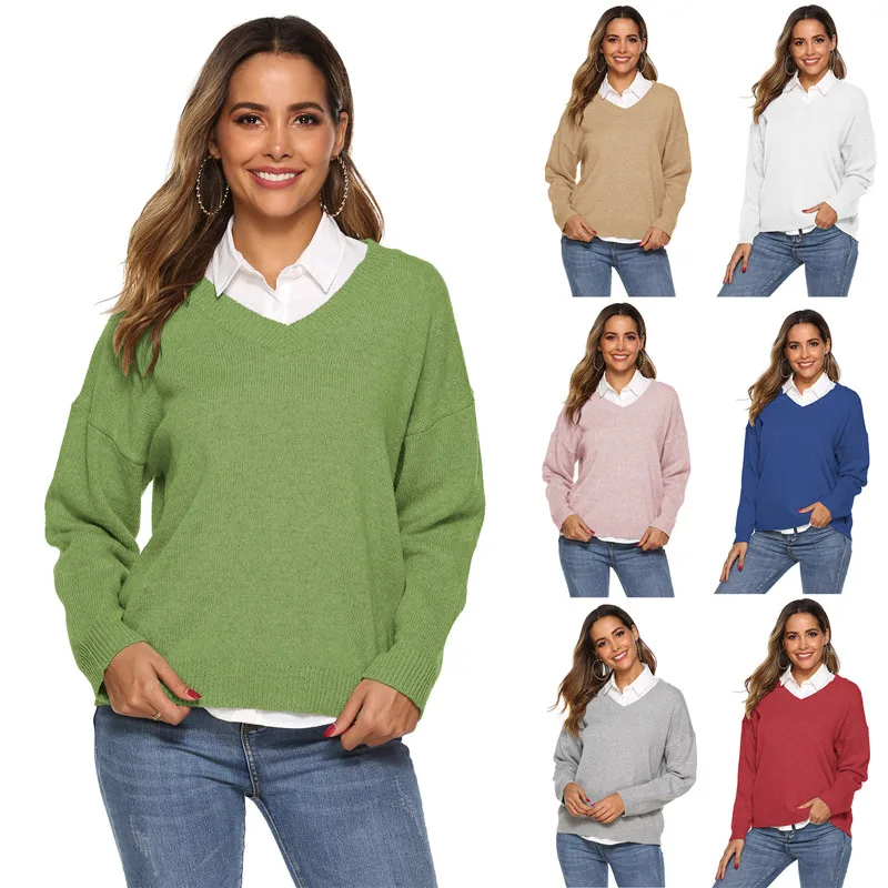 

Autumn Winter Women's Solid Simple Sweater Knit V-neck Pullover Sweater Loose Warm Top Large Size Christmas Sweater Soft Jumper