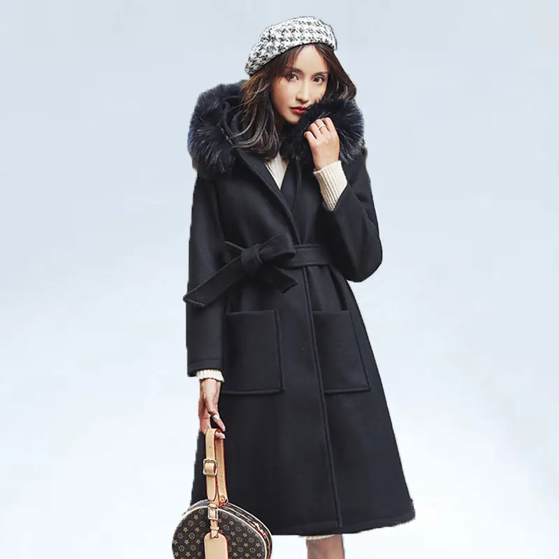 

80% Black Woolen Coat 2019 Winter Women Jacket New Fashion With Fur Collar Hooded Outerwear Mid Long Slim Female Blends Coats